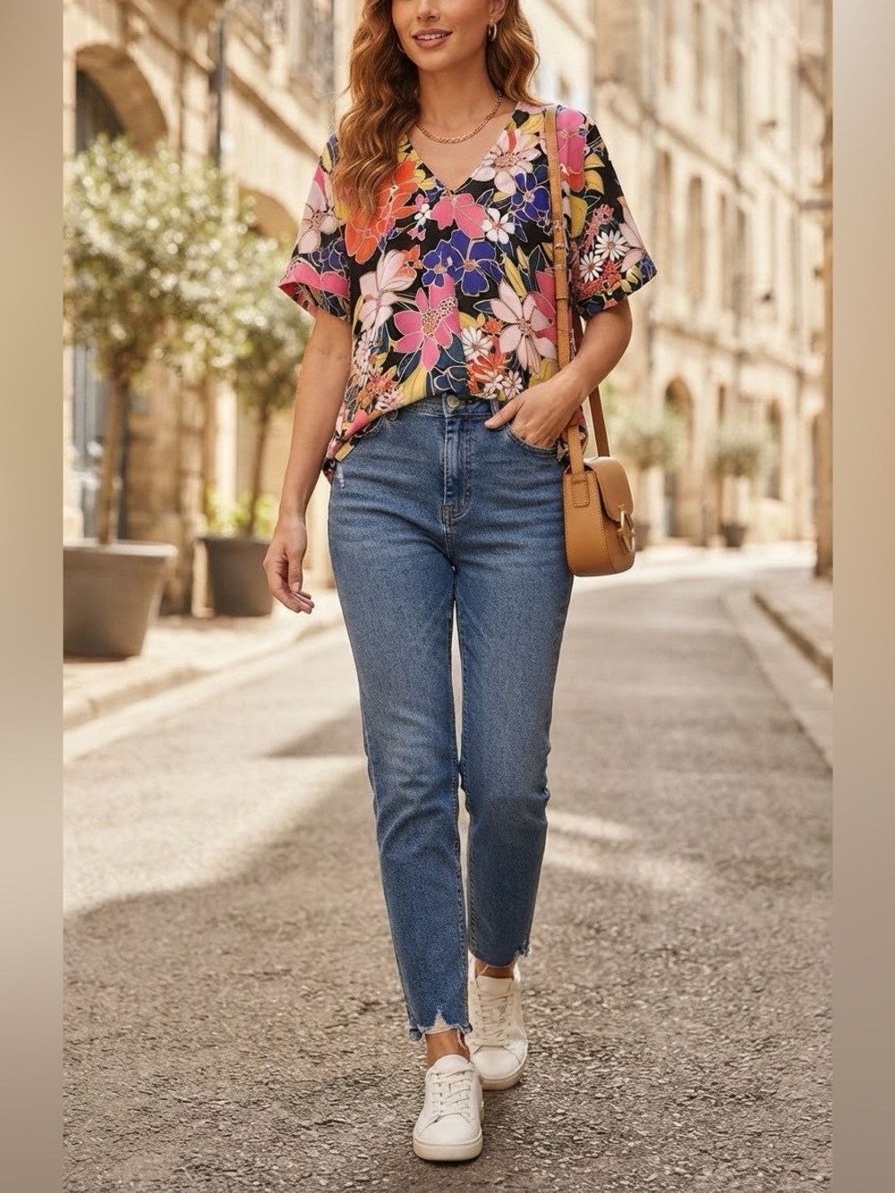 ✨ NWT JODIFL Bold Floral V-Neck Blouse 🌸 Vibrant High-Low Top 🌿 Premium New❤️